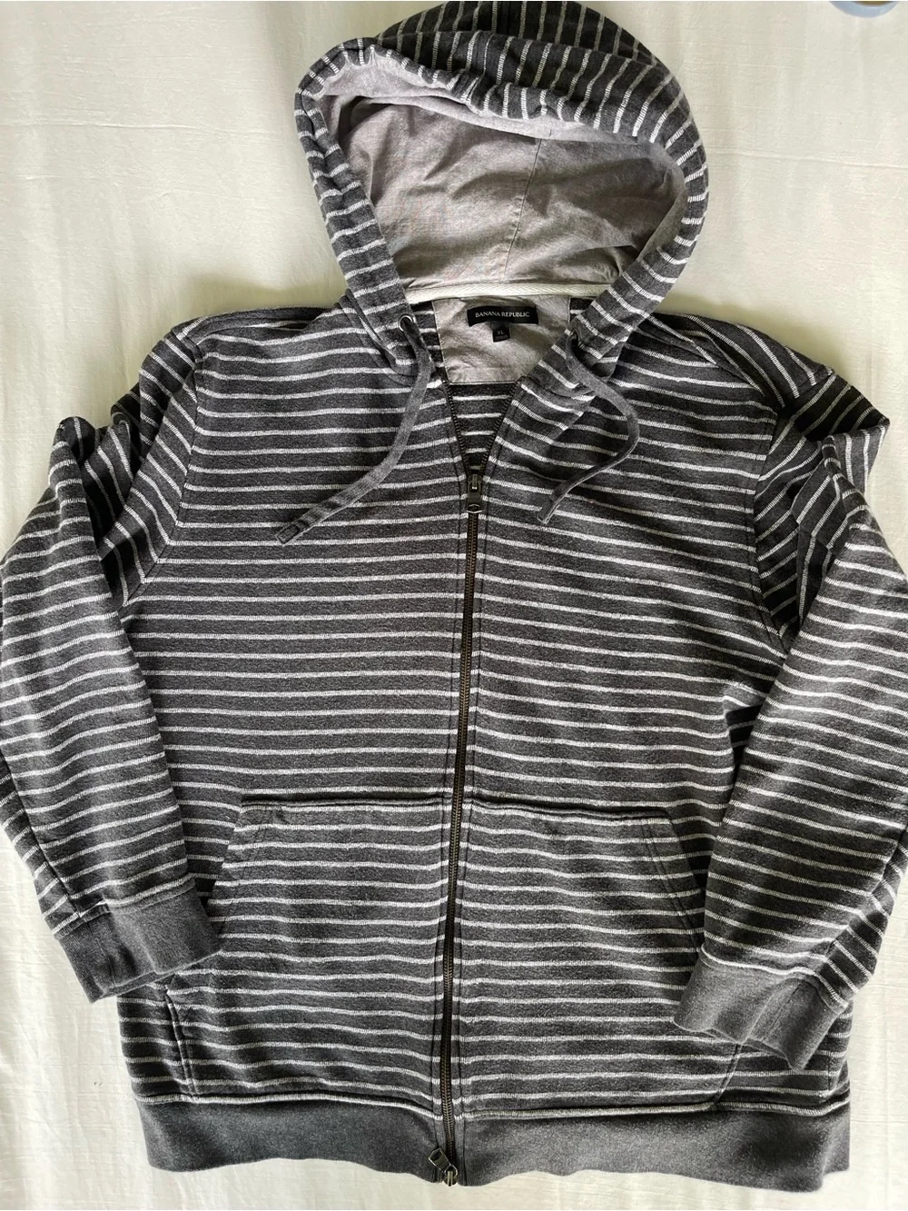 Banana Republic Mens XL Striped Full Zip Hoodie Charcoal Gray 100% Cotton